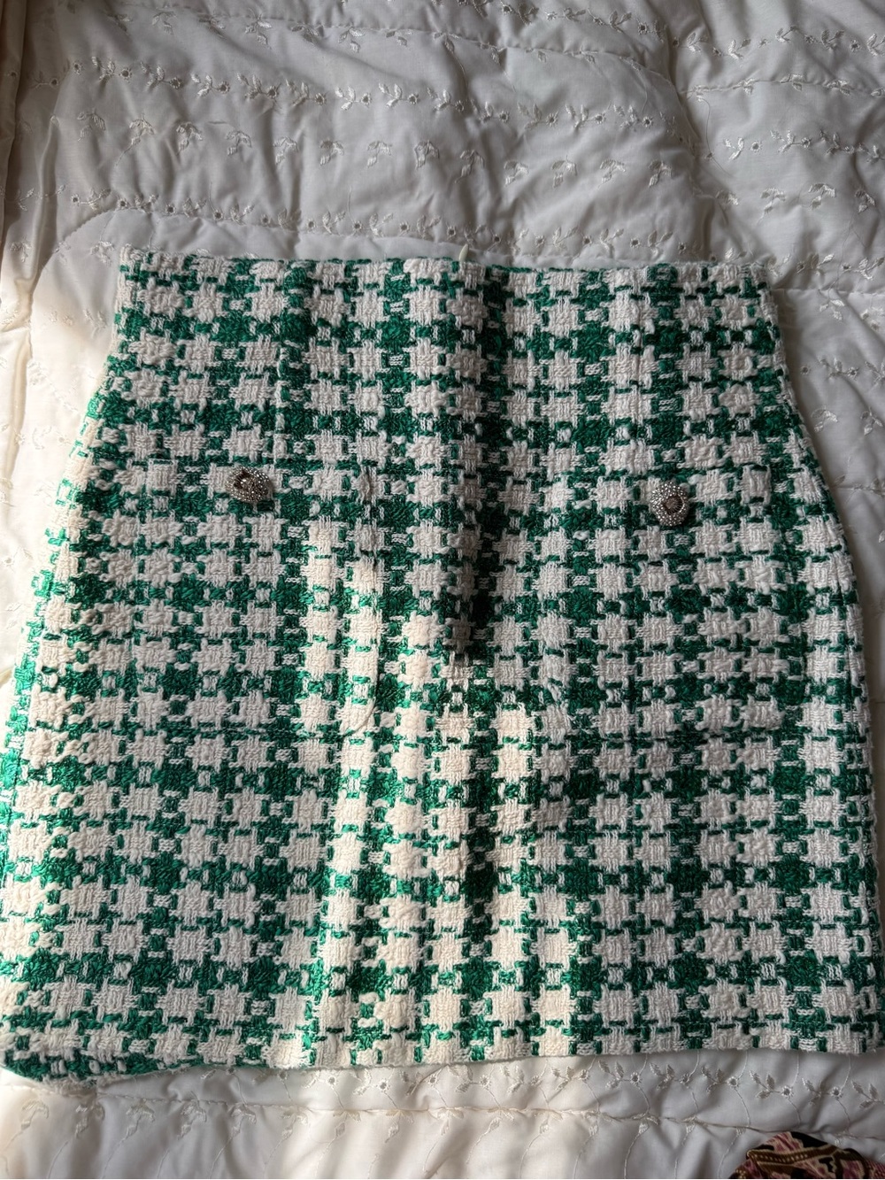 Zara Green and White Houndstooth Tweed Mini Skirt